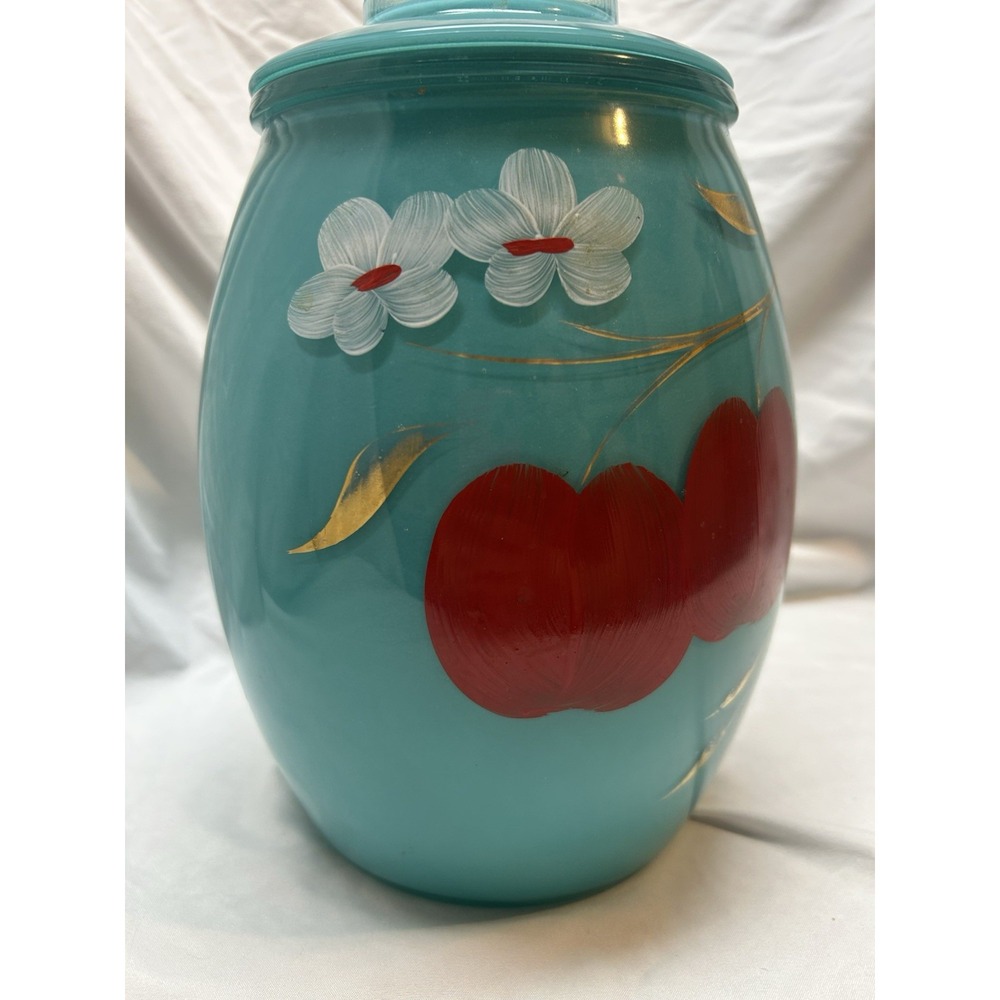 Vintage Bartlett Collins Turquoise Glass Cookie Jar Aqua Blue Fruit Flowers